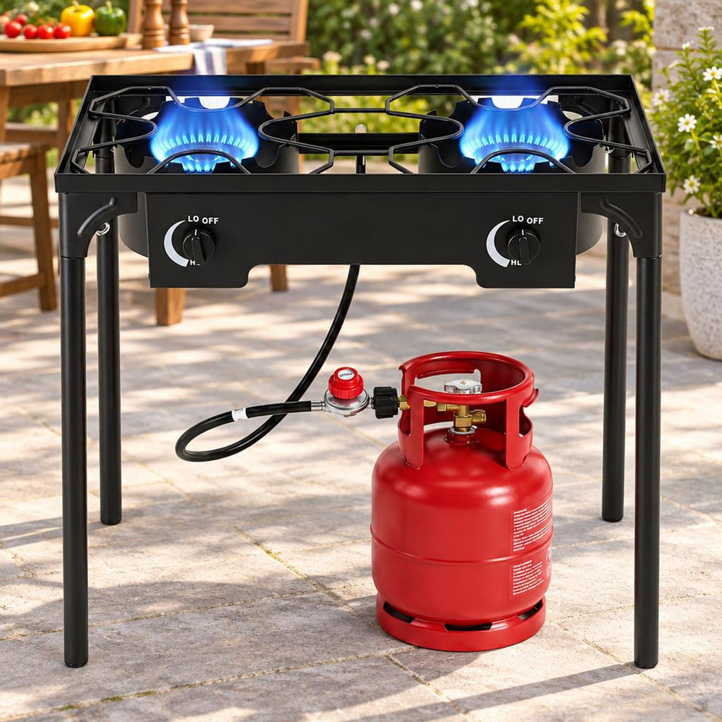 Airfind 2 Burner Propane Stove 160000 BTU with Adjustable Regulator Hose for Camping BBQ, 440 lbs Capacity, Metal Cast Iron PVC ABS Frame, Black