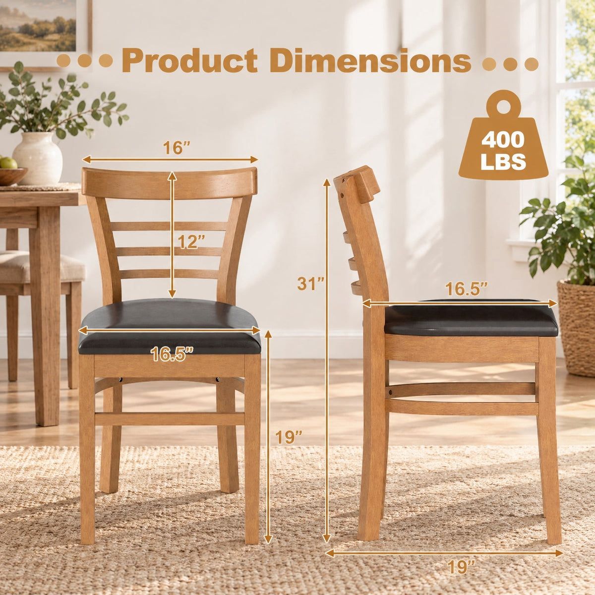Airfind Set of 2 Wooden Dining Chair with Rubber Wood Legs for Restaurant, Chair 400 lbs Capacity, Rubber Wood PU Leather Sponge Frame, Brown