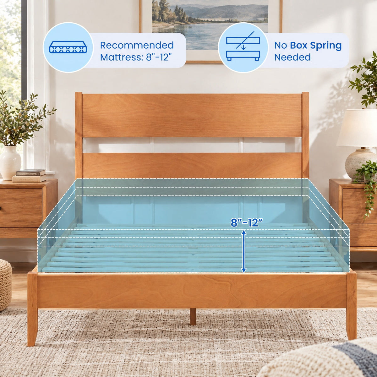 Airfind Queen Bed Frame with Headboard and Solid Wood Legs 12 Slats, 800 lbs Capacity, Rubber Wood Engineered Wood LVL Frame, Wood