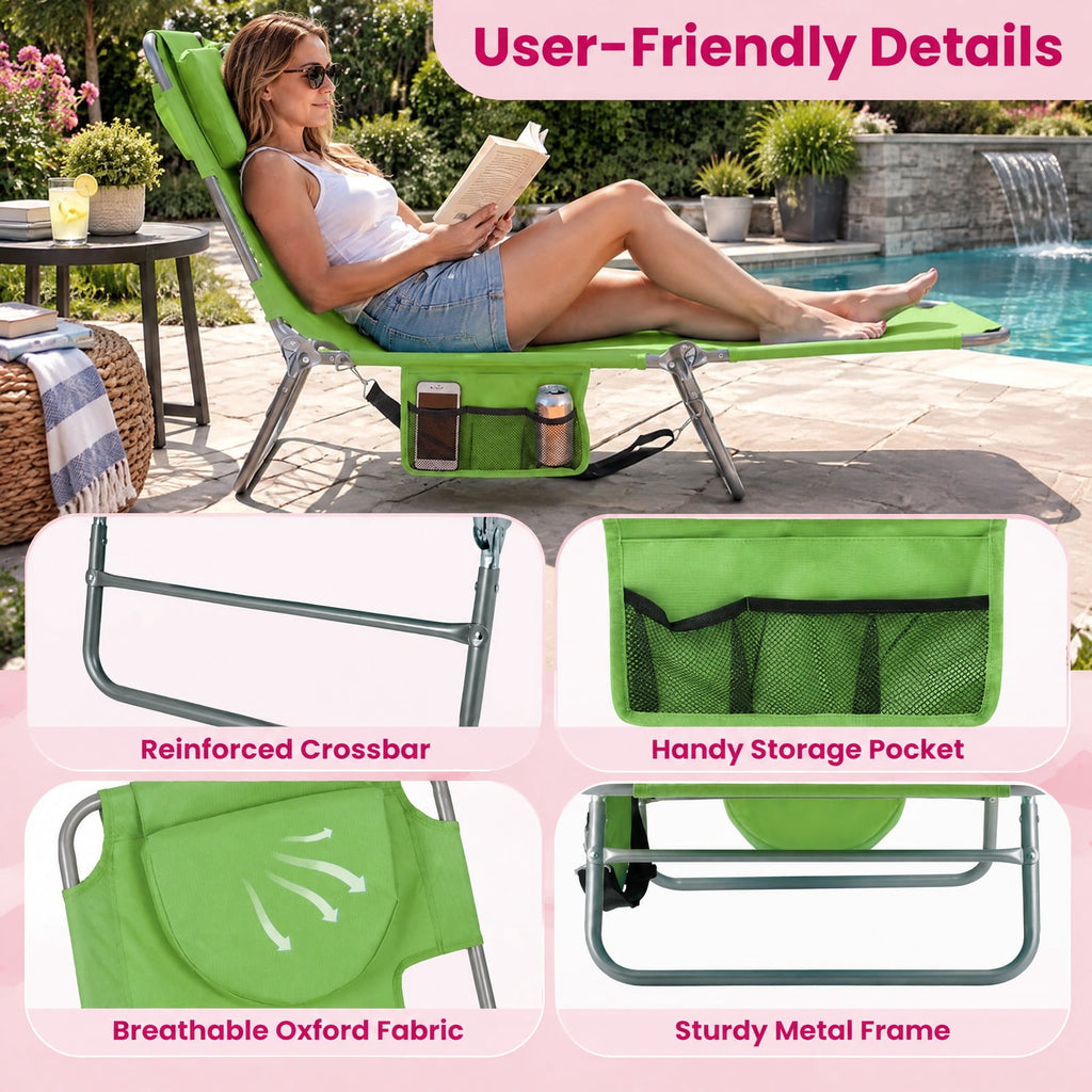 Airfind Folding Beach Lounge Chair with Adjustable Backrest for Lawn, 330 lbs Capacity, Metal Oxford Fabric Polyester Sponge Frame, Green