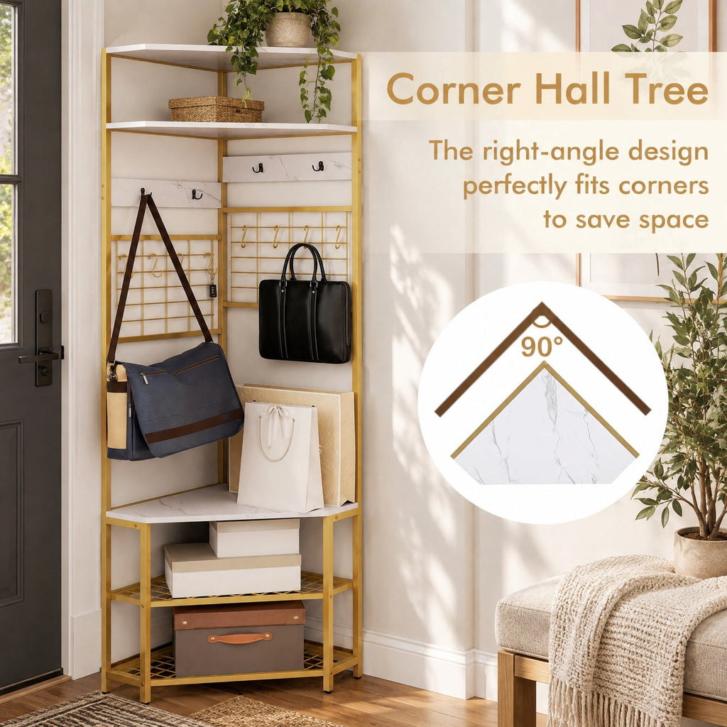 Airfind 5-Tier Corner Hall Tree with Shoe Storage Bench, 22 lbs Capacity, Engineered Wood Metal Frame, White
