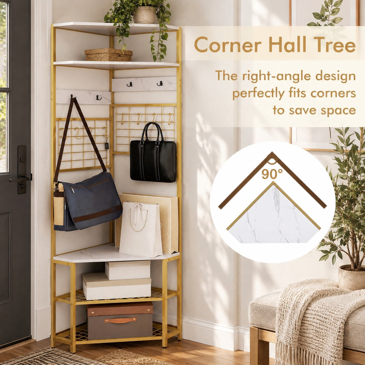 Airfind 5-Tier Corner Hall Tree with Shoe Storage Bench, 22 lbs Capacity, Engineered Wood Metal Frame, White