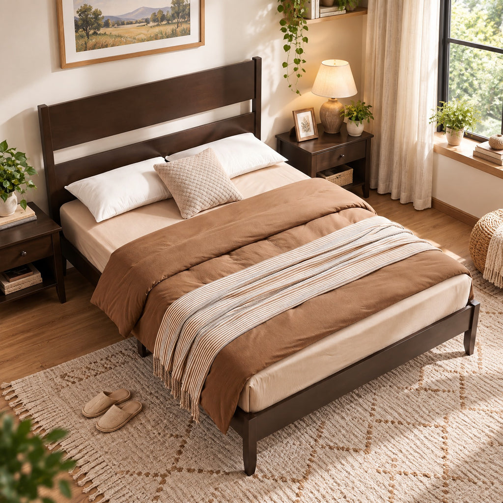 Airfind Queen Bed Frame with Headboard and Solid Wood Legs 12 Slats, 800 lbs Capacity, Rubber Wood Engineered Wood LVL Frame, Wood