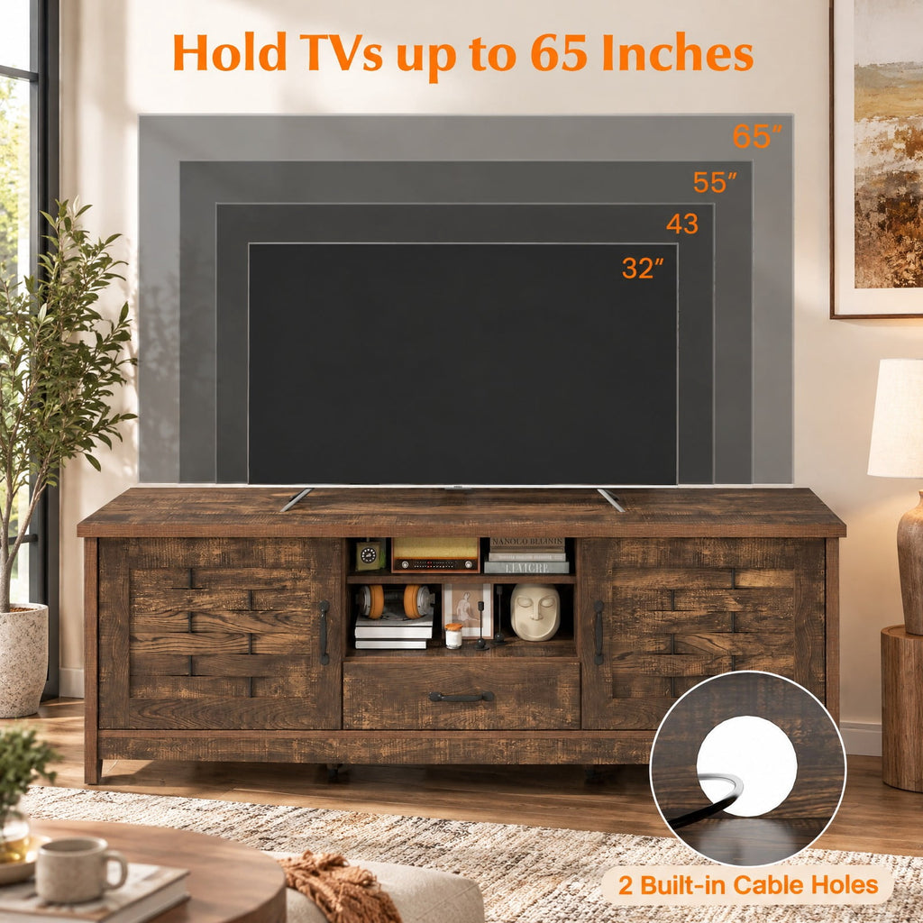 Airfind TV Stand, Farmhouse, for 65 Inch TVs with 2 Woven Accent Doors and 3 Adjustable Shelves, 110 lbs Capacity, Engineered Wood MDF Frame, Brown