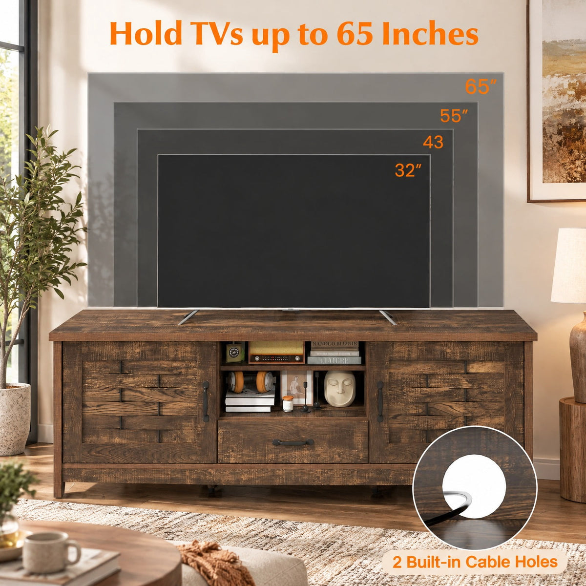 Airfind TV Stand, Farmhouse, for 65 Inch TVs with 2 Woven Accent Doors and 3 Adjustable Shelves, 110 lbs Capacity, Engineered Wood MDF Frame, Brown