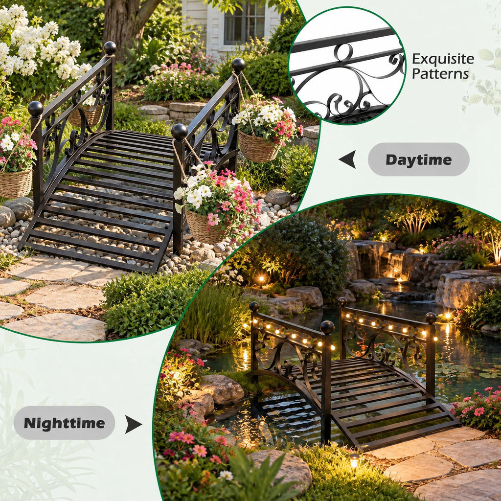 Airfind 3.3 ft Garden Metal Bridge with Dual Patterned Side Rails, 330 lbs Capacity, Metal Frame, 40 x 18 x 17 Footprint, Black
