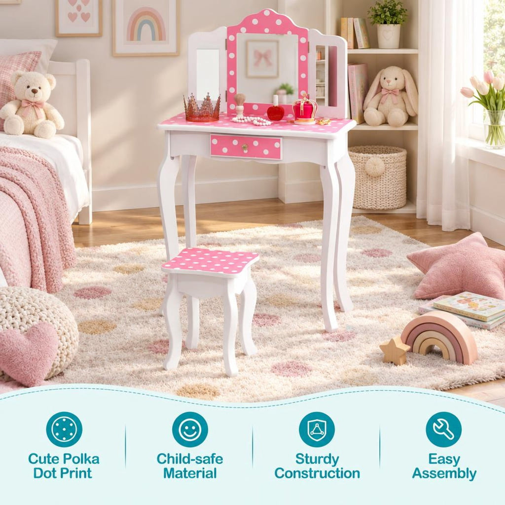 Airfind Princess Pretend Play Makeup Dressing Table with Cute Polka Dot Print, 66 lbs Capacity, MDF Acrylic Frame, for 3-7 Years Old, Pink