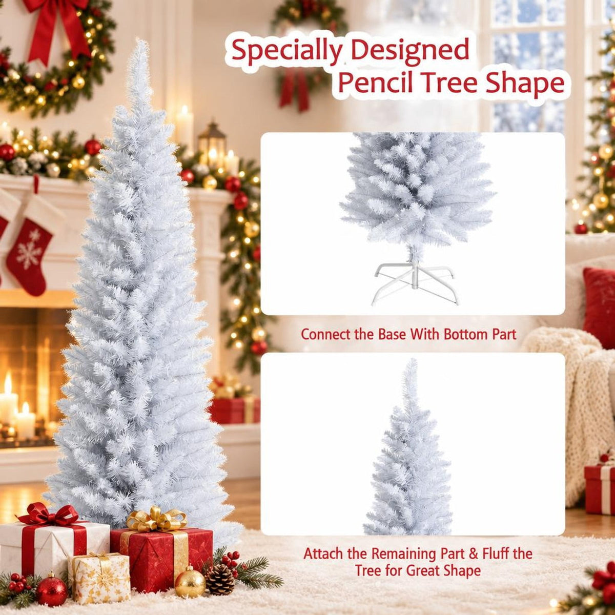 Airfind Slim Artificial Christmas Pencil Tree with PVC Needles and Folding Metal Stand-5ft, White, Branch tips create lush and dense appearance