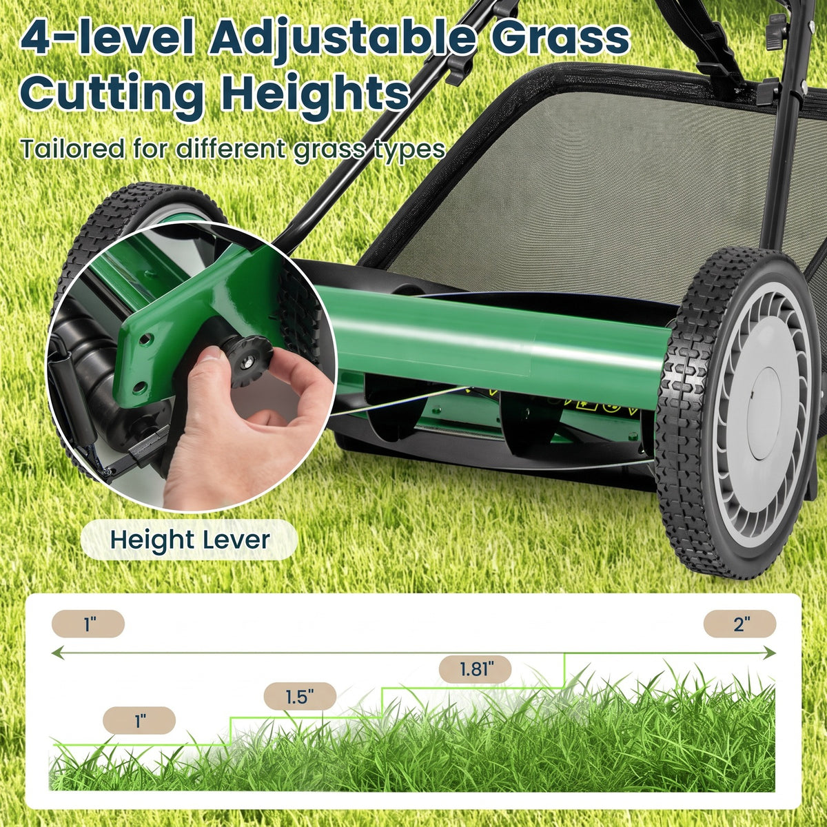 Airfind 16 Inch Push Lawn Mower with 5 Steel Blades and Grass Catcher Bag, Manganese Steel Metal PVC PP Frame, Green