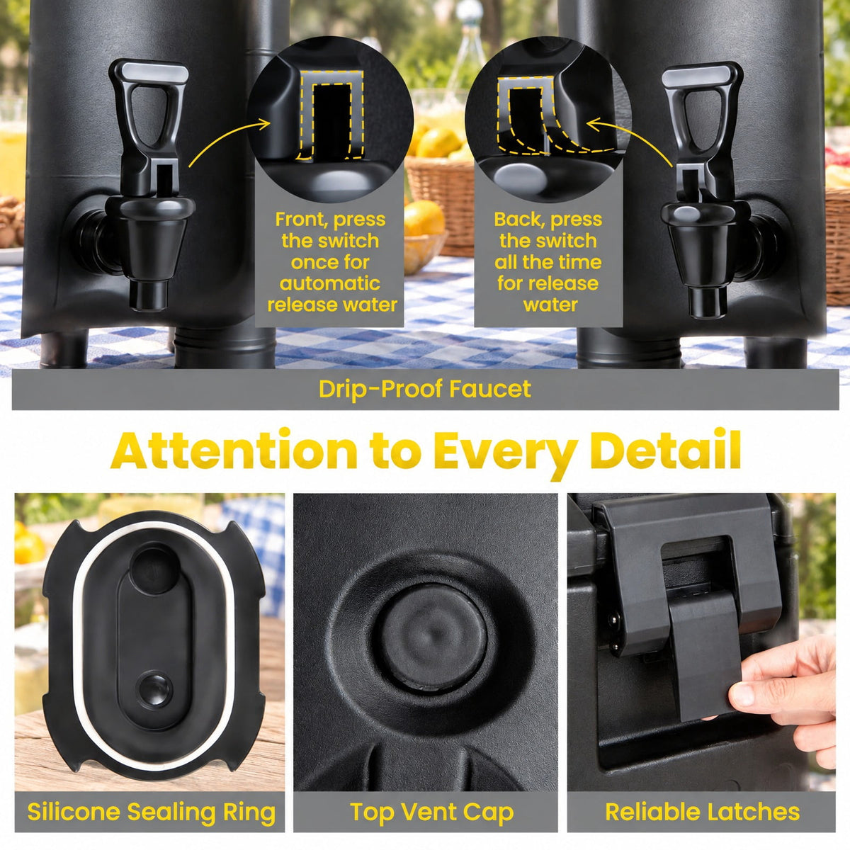 Airfind 2.6 Gal Insulated Beverage Dispenser with Handles and Two-Stage Faucet, LLDPE Nylon PE Silicone Frame, 16 × 12 × 19 Footprint, Black