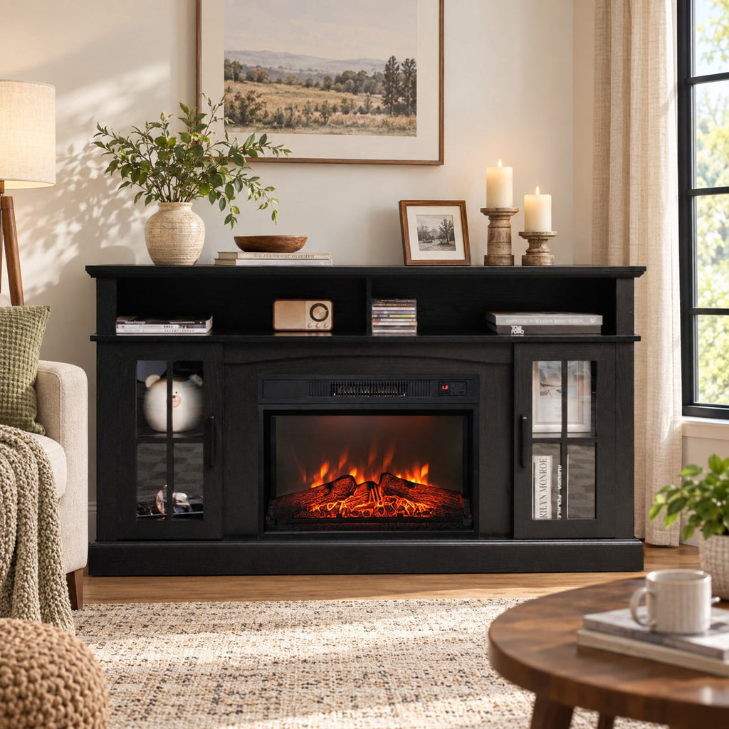 Airfind Fireplace TV Stand for TVs Up to 65 Inch with Side Cabinets and Remote Control, 66 lbs Capacity, Engineered wood Frame, Black