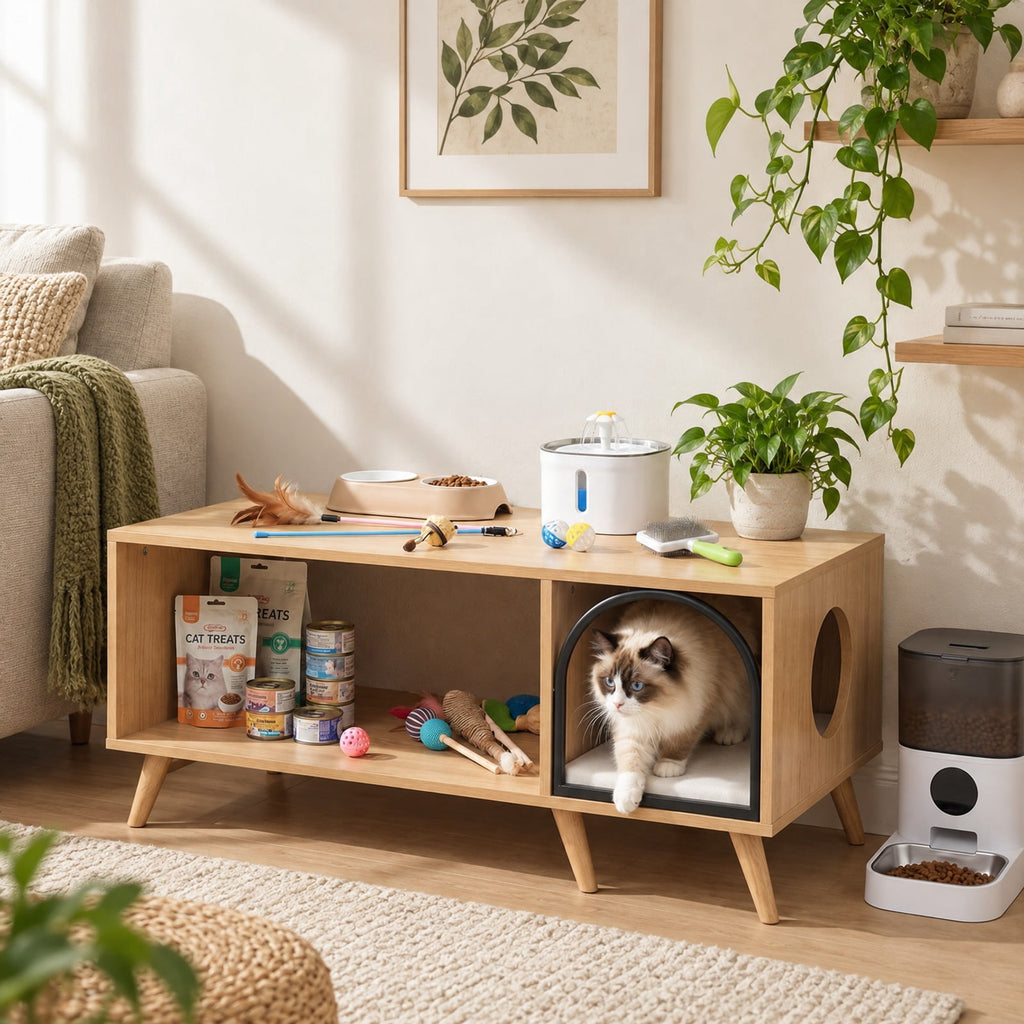 Airfind 40 Inch Coffee Table Cat House 2-in-1 Wooden Kitten Furniture with Open Storage Shelf, 88 lbs Capacity, 40 x 20 x 18 Footprint, Natural