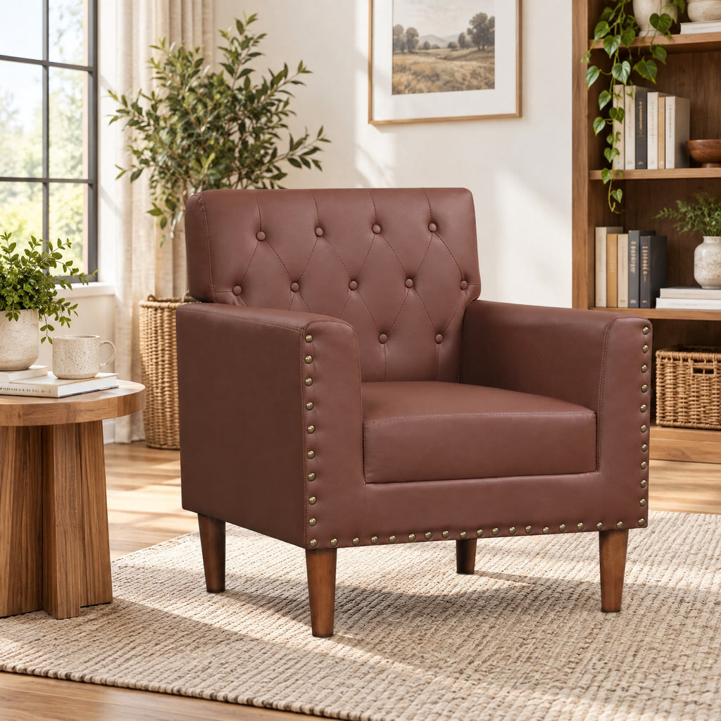 Airfind Mid Century Modern Accent Chair with Button Tufted Decoration and Rivets, 400 lbs Capacity, PVC Leather Sponge Rubber Wood Plywood Frame