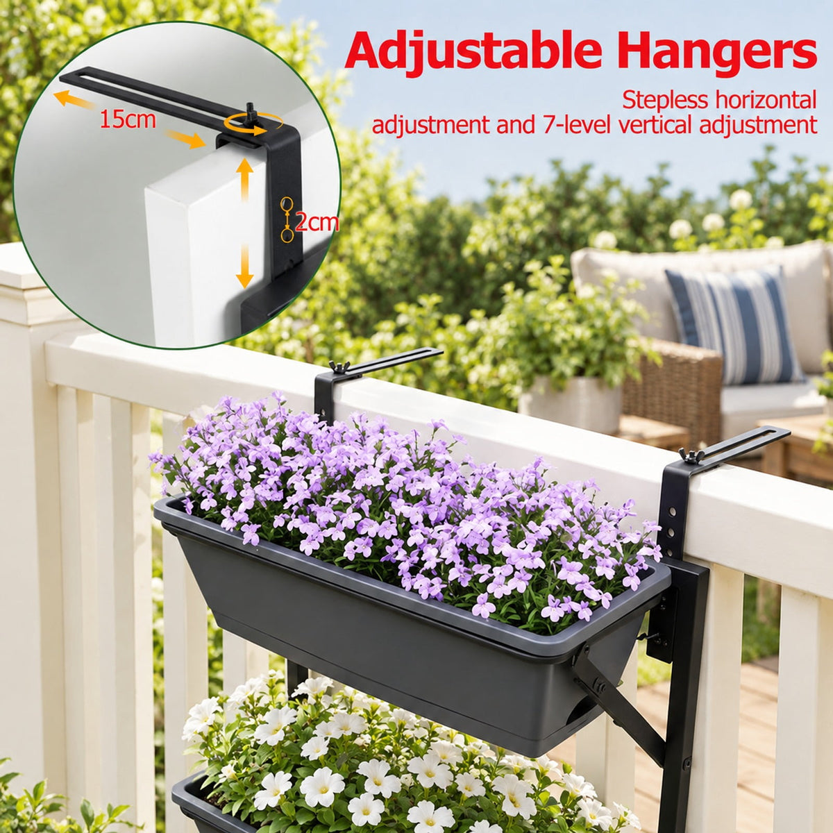Airfind Deck Railing Planter Boxes with Adjustable Brackets and 3-Tier Design for Porch Patio, Black, Side holes make it easy to add and drain water