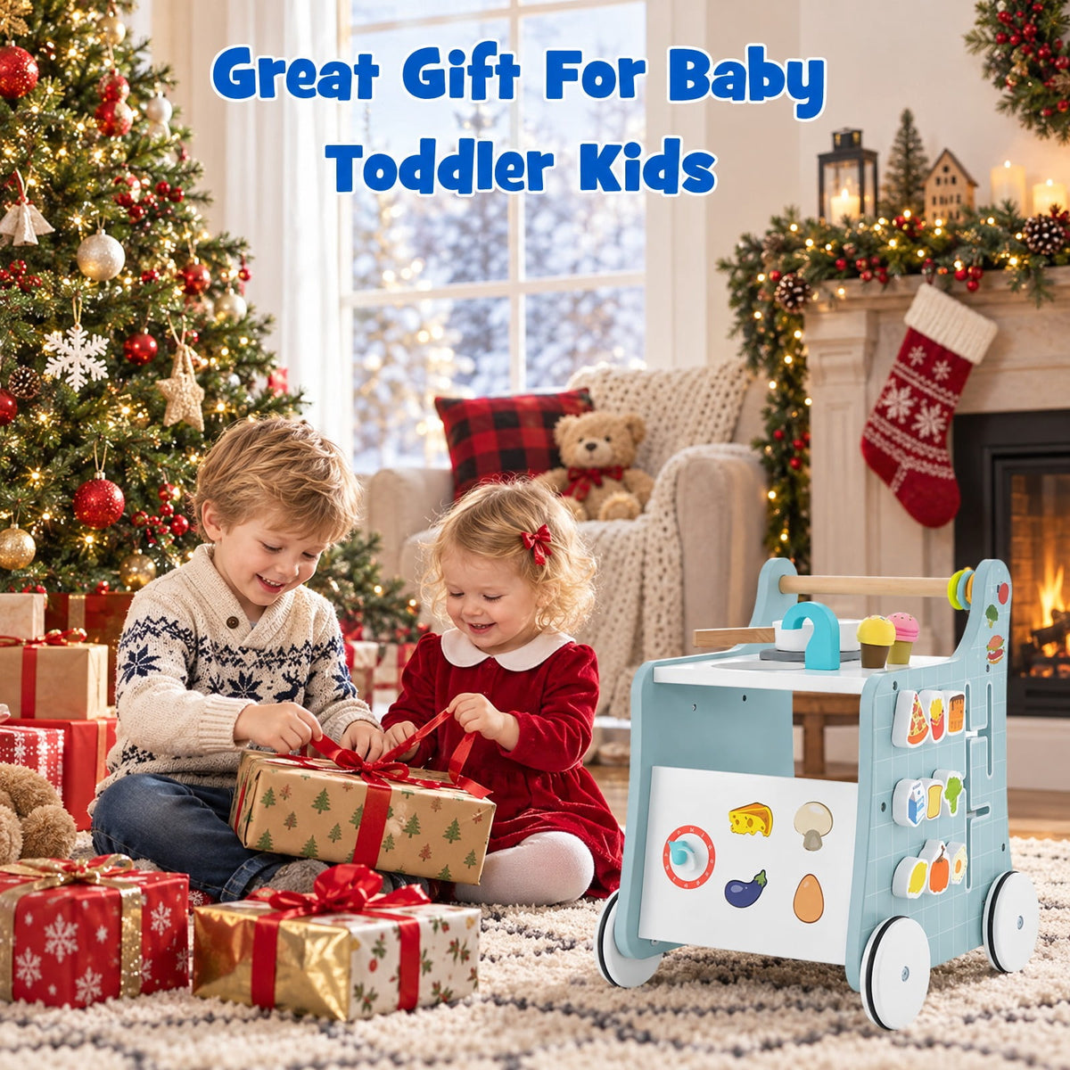 Airfind 6-in-1 Wooden Baby Stroller with Play Kitchen for Kids Over 12 Months, MDF Beech Wood Plastic Frame, 12 x 13.5 x 16.5 Footprint, Blue