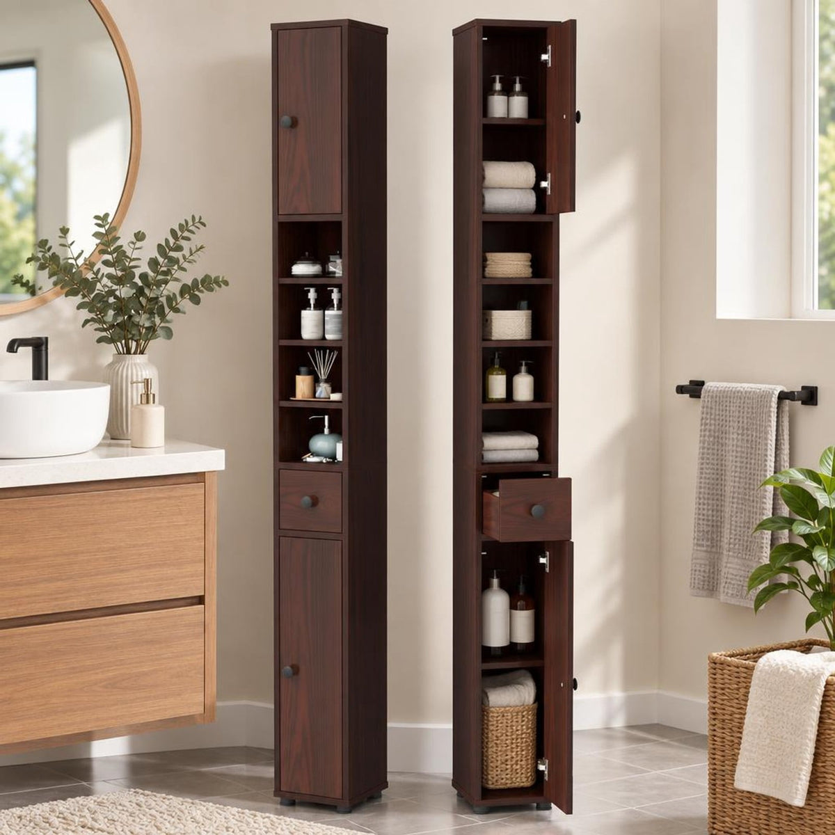 Airfind Freestanding Slim Bathroom Cabinet with Drawer and Adjustable Shelves, 110 lbs Capacity, MDF Frame, 8in x 8in x 71in Total Footprint, Brown