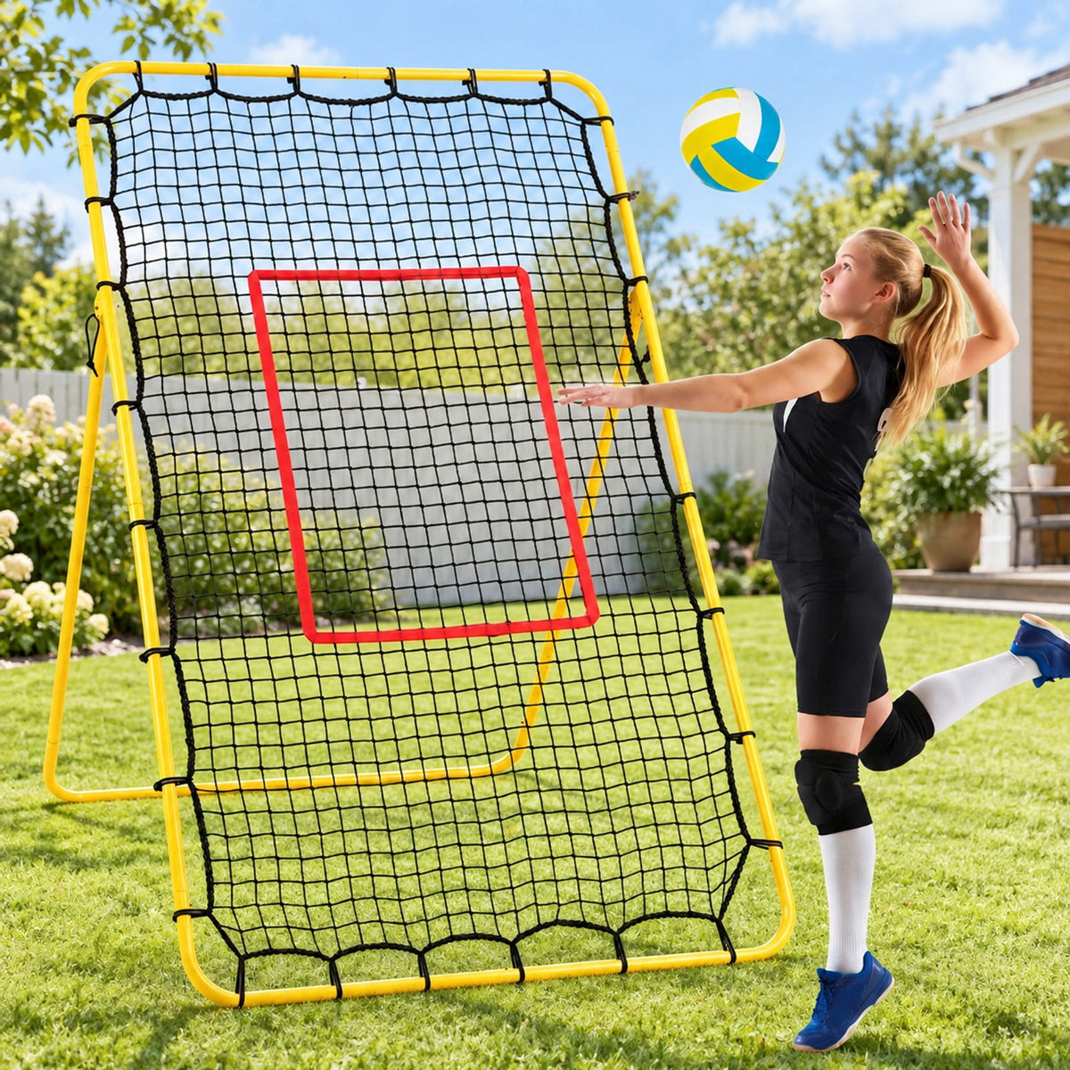 Airfind Volleyball Rebounder Net with 4 Adjustable Angles for Bumping and Spiking, Yellow + Red + BlackMaterial Metal PE PP Polyester FabricProduct