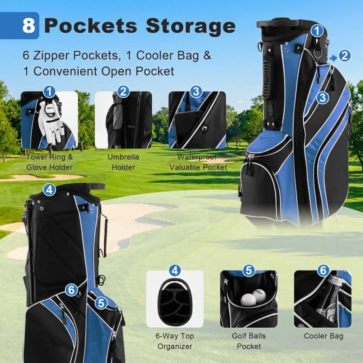 Airfind 10.5 in Golf Stand Bag with 14-Way Dividers and 7 Zippered Pockets featuring a rain hood with towel rings and dual carry straps for walking rounds, Navy