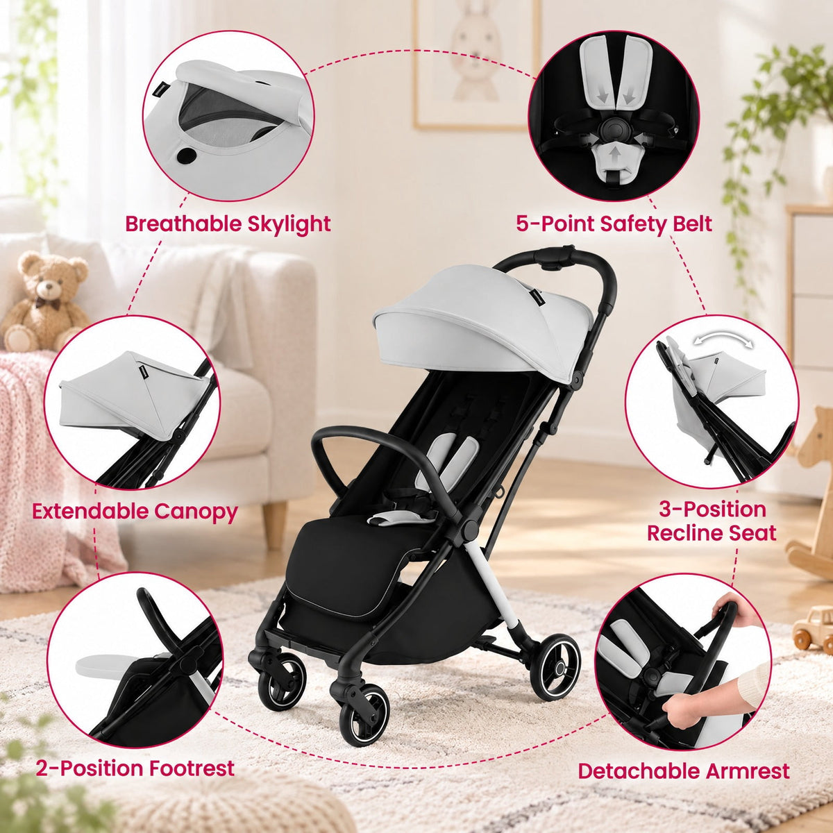 Airfind One-Hand Folding Portable Lightweight Baby Stroller with Aluminum Frame, 33 lbs Capacity, Aluminum polyester EVA Frame, Gray