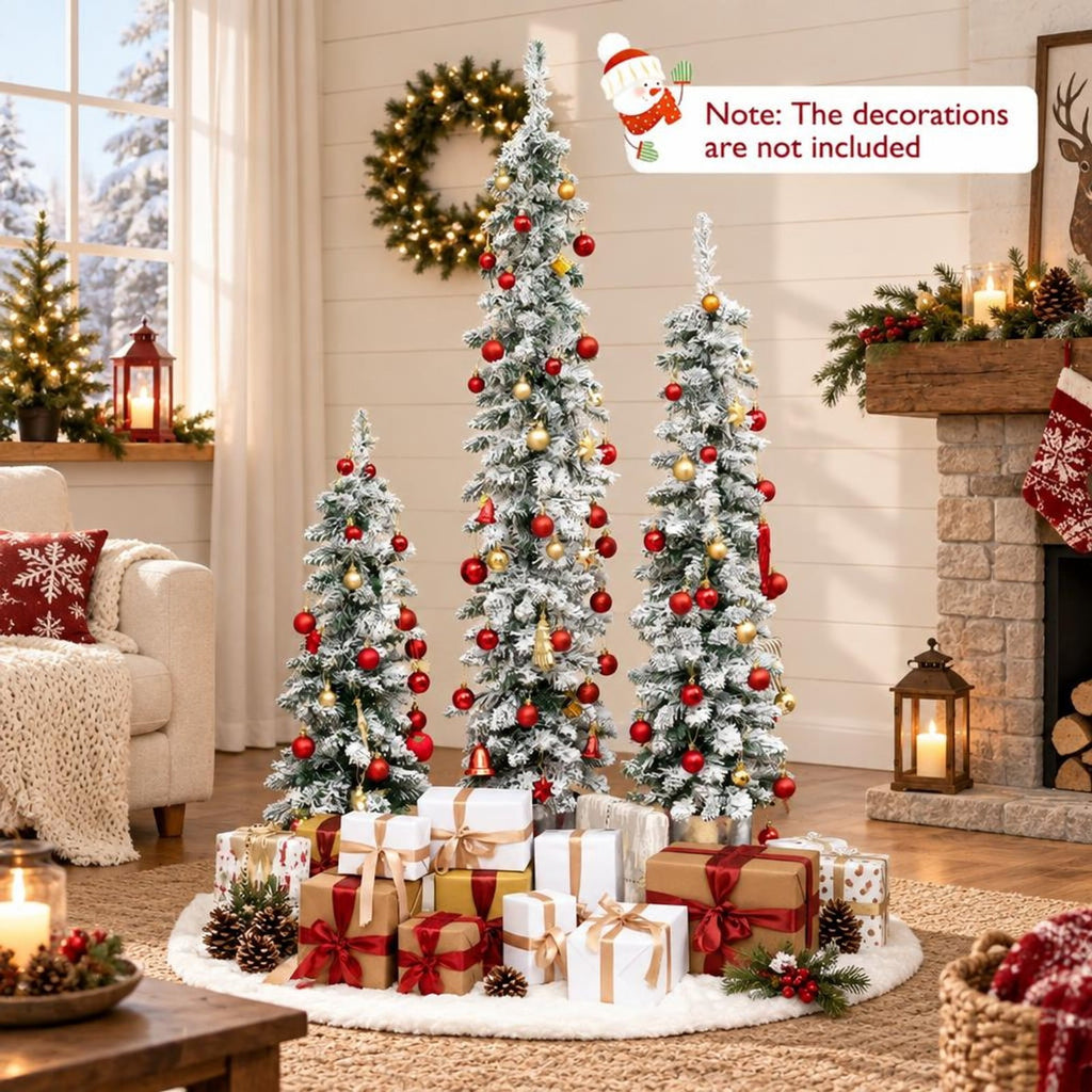 Airfind Set of 3 Pre-Lit Snow Flocked Artificial Christmas Trees witrh 423 Branch Tips, PVC Tree Height 3 ft Tree Width 10in Frame
