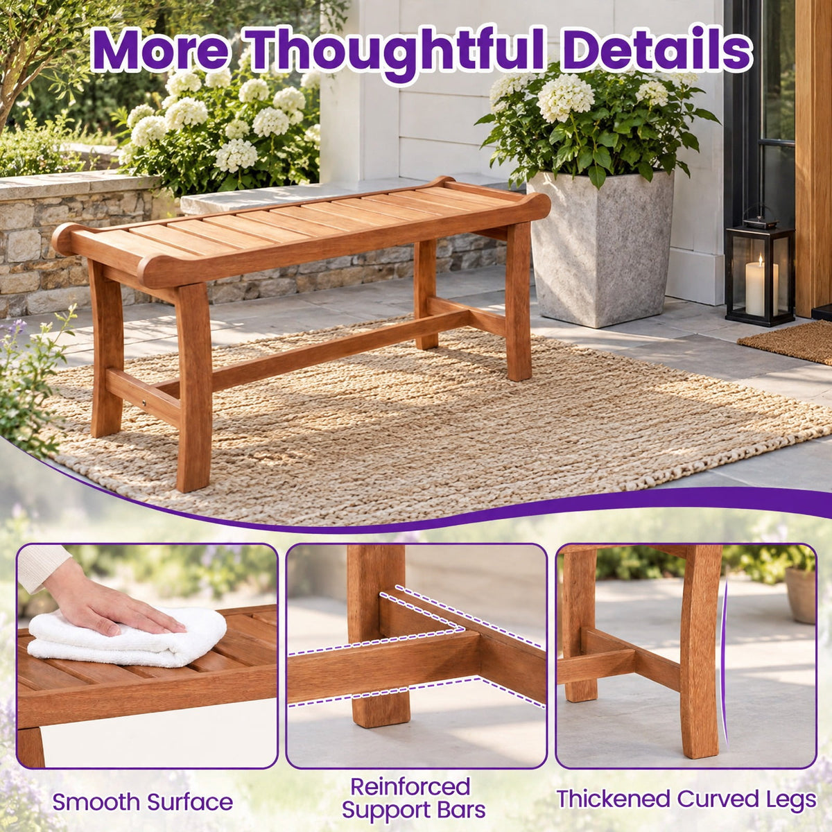 Airfind 2-Person Outdoor Wood Bench with Slatted Seat and Raised Edges-1 Piece, 530 lbs Capacity, Mixed Hardwood Frame, 41.5 x 16 x 18 Footprint