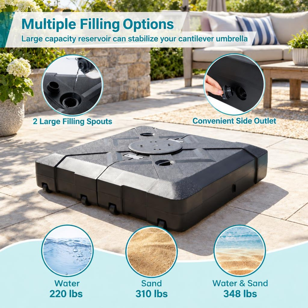 Airfind 34 Inch x 34 Inch Cantilever Patio Umbrella Base with 4 Wheels, HDPE Metal Frame, 34 Inch x 34 Inch x 8 Inch Crossed Base Footprint, Black