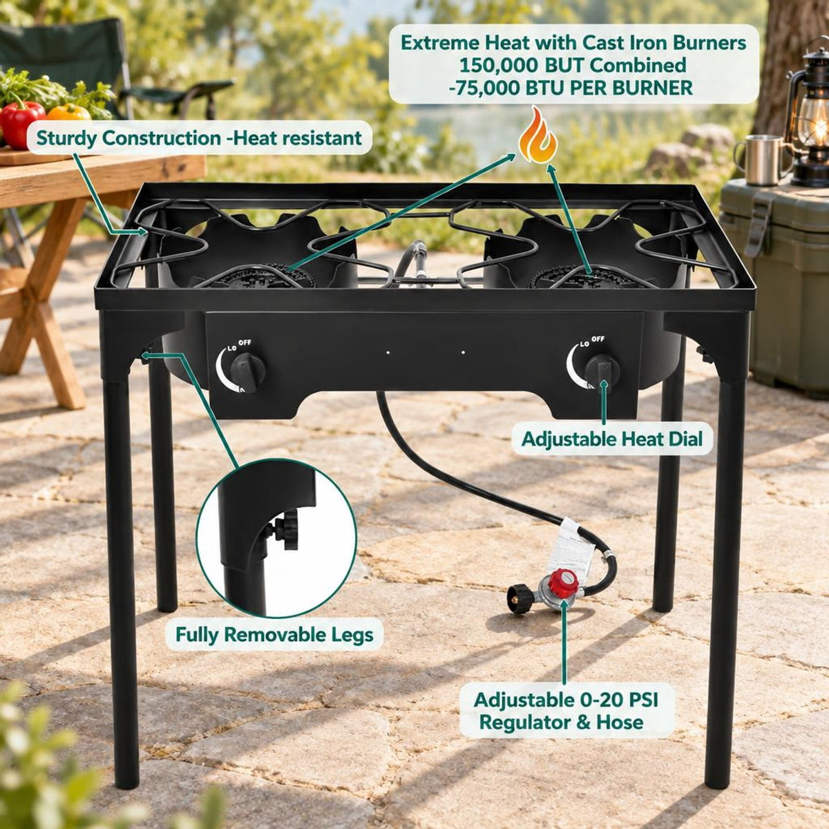 Airfind 150000 BTU Double Burner Outdoor Stove BBQ Grill, Cast iron Frame, 150 000 BTU of cooking power, Fully adjustable heat dial per burner