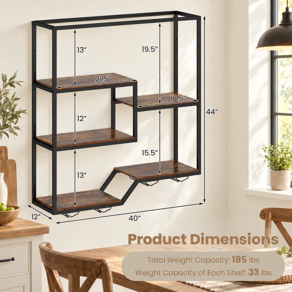 Airfind Wall Mounted Wine Rack 6-Tier Hanging Bar Shelf with Bottle Display Shelf and Glass Holder, Shelf 33 lbs Total Capacity, Brown