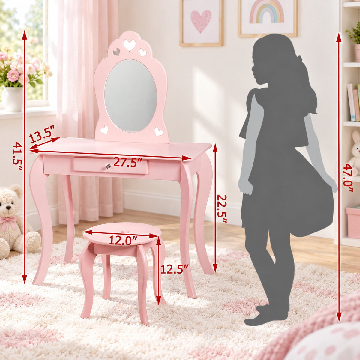 Airfind Kids Princess Makeup Dressing Play Table Set with Mirror, 33 lbs Capacity, MDF pine Frame, 27.5 Inch x 13.5 Inch x 41.5 Inch Footprint, Pink
