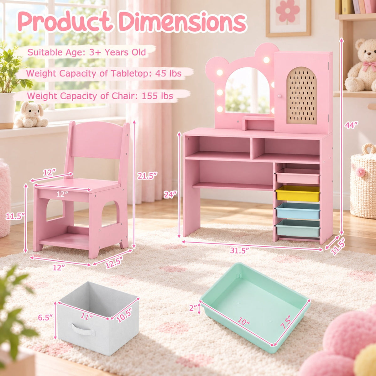 Airfind Kids Vanity with Lights and 5 Drawers for Kids Aged 3+ Years Old, 45 lbs Capacity, MDF Frame, for 3+ Years Old, Pink