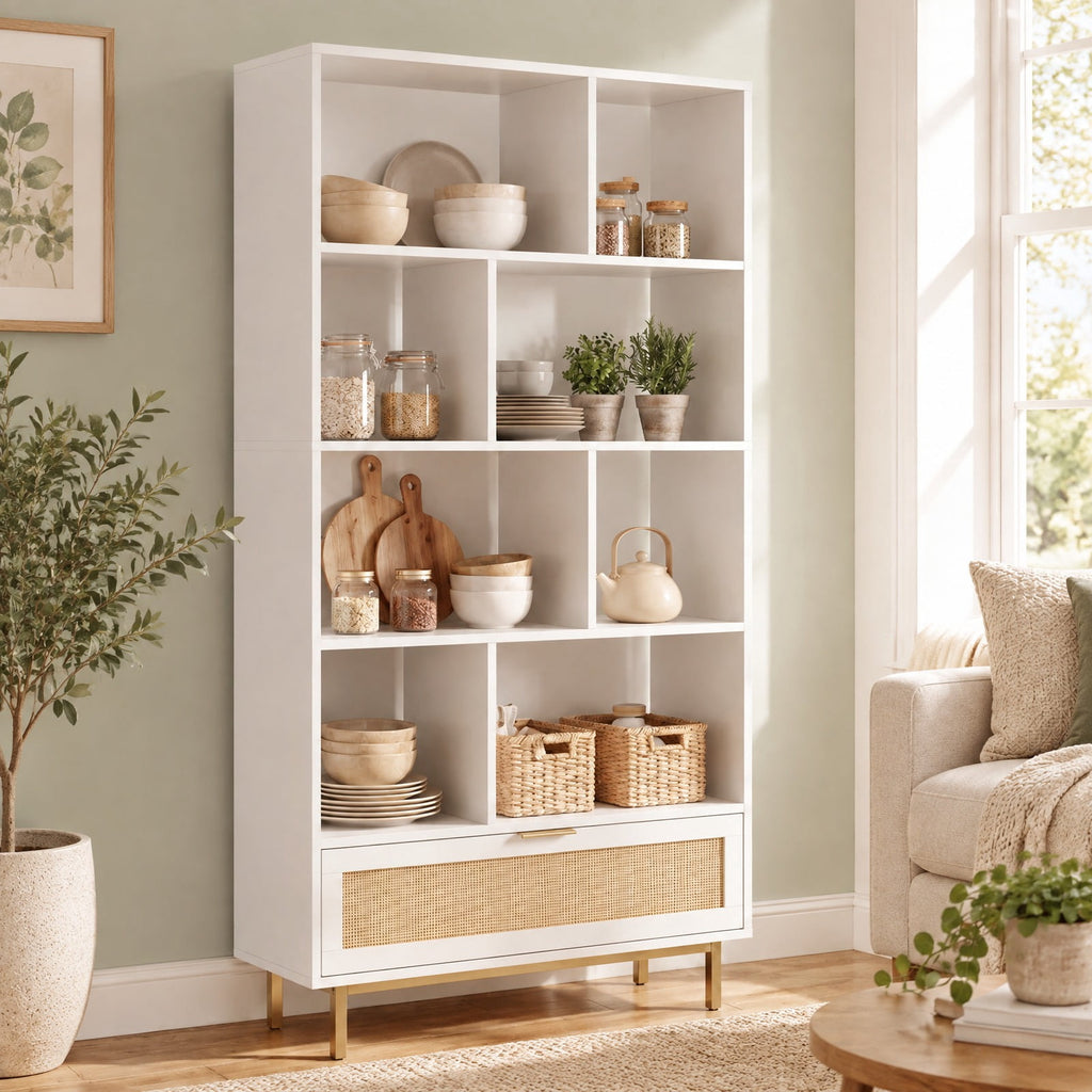 Airfind 64 inch 6-Tier Tall Wooden Bookcase with 8 Open Cubes, 33 lbs Capacity, Engineered Wood Metal Frame, 33in x 12in x 64in Footprint, White