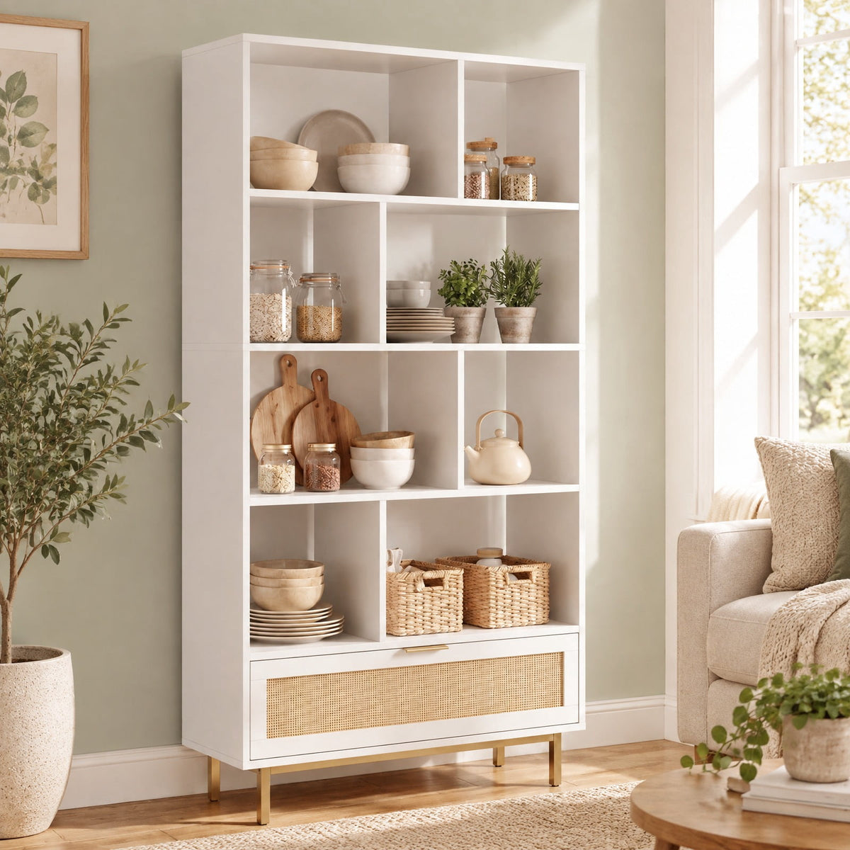 Airfind 64 inch 6-Tier Tall Wooden Bookcase with 8 Open Cubes, 33 lbs Capacity, Engineered Wood Metal Frame, 33in x 12in x 64in Footprint, White