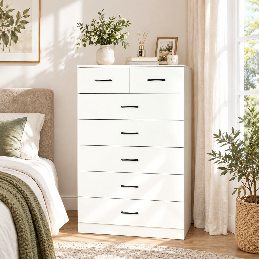 Airfind 7-Drawer Tall Dresser with Metal Handles and Anti-Tipping Kits, 66 lbs Capacity, Engineered Wood MDF Frame, 32 x 18 x 48 Footprint, White