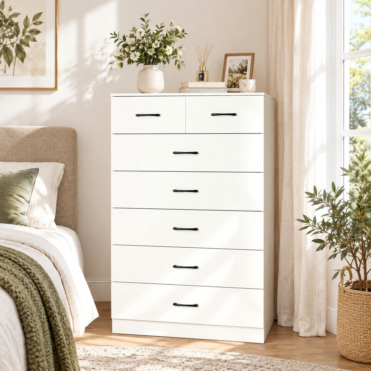 Airfind 7-Drawer Tall Dresser with Metal Handles and Anti-Tipping Kits, 66 lbs Capacity, Engineered Wood MDF Frame, 32 x 18 x 48 Footprint, White