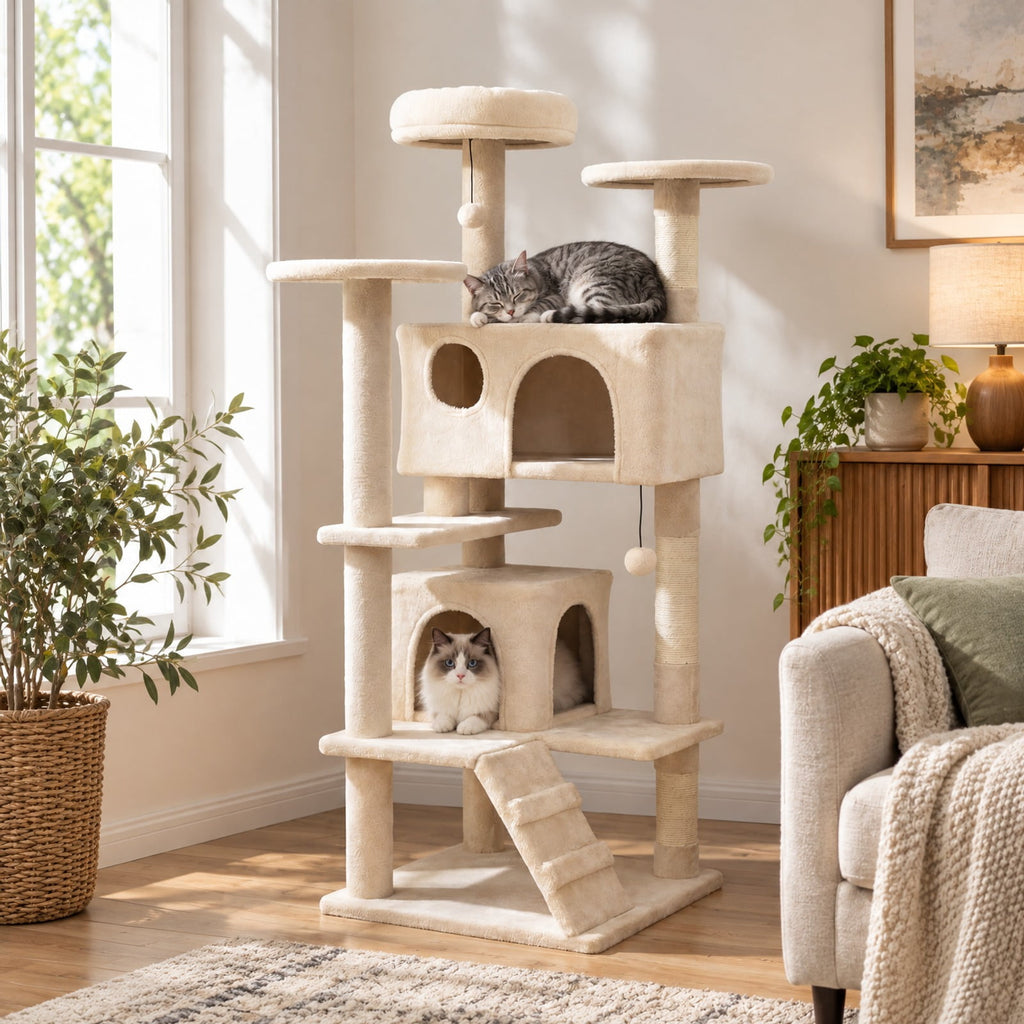 Airfind 52 Inch Tall Cat Tree Tower for Indoor Cats, 22 lbs Capacity, Engineered Wood Sponge Plush Fabric Sisal Frame, Beige