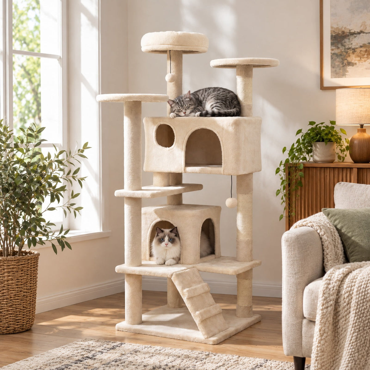 Airfind 52 Inch Tall Cat Tree Tower for Indoor Cats, 22 lbs Capacity, Engineered Wood Sponge Plush Fabric Sisal Frame, Beige