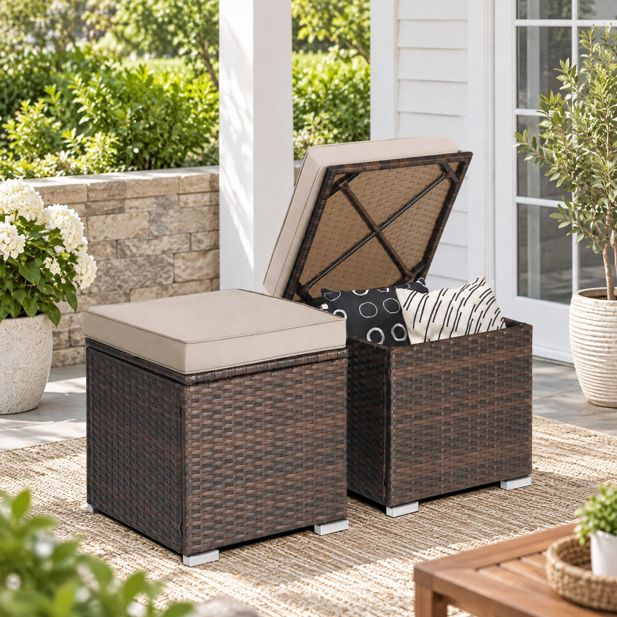 Airfind 2 Pieces Patio Ottoman with Removable Cushions, 350 lbs Capacity, Metal PE Rattan Sponge Polyester Frame, 16 x 16 x 15.5 Footprint, Brown