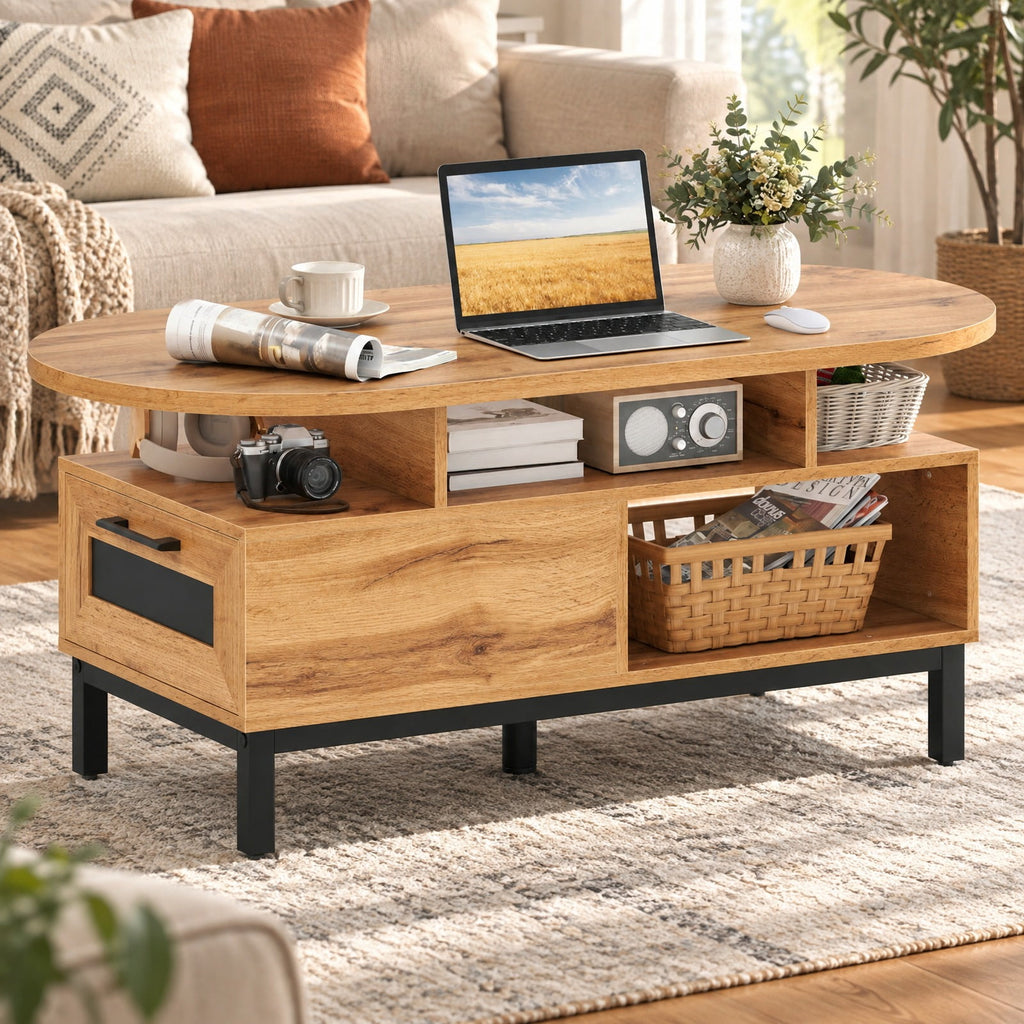 Airfind 47 Inch Oval Coffee Table with Storage and Open Compartments for Living Room, 110 lbs Capacity, Engineered Wood MDF Frame, Natural