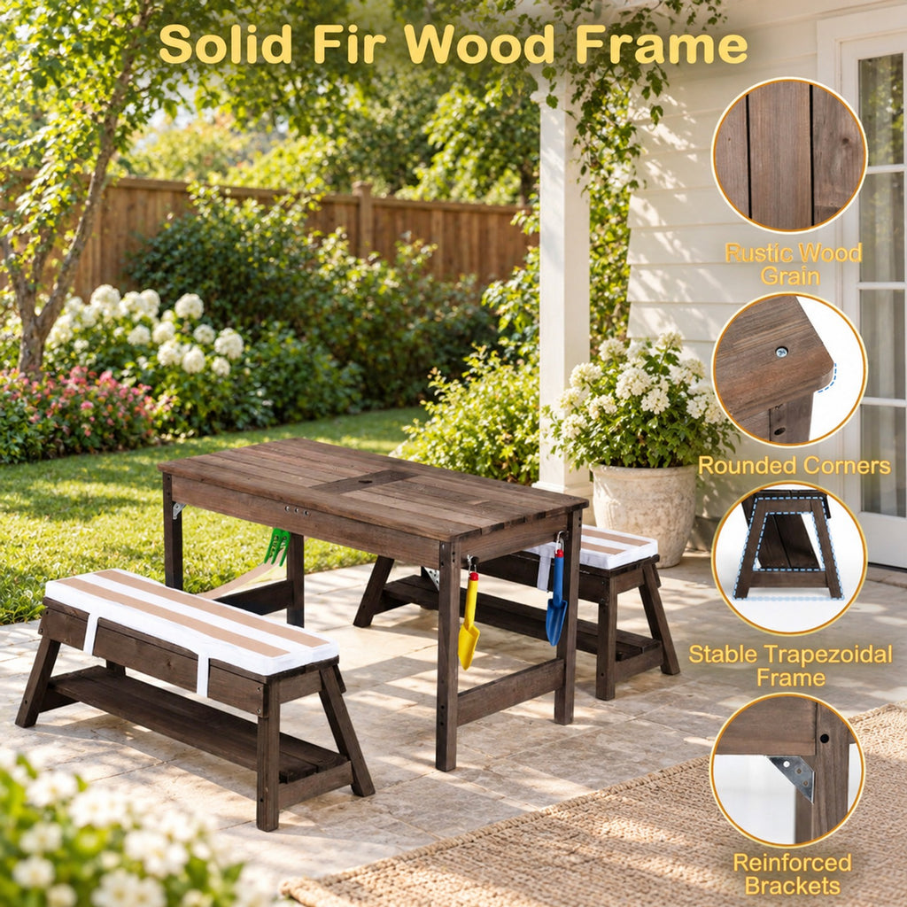 Airfind Outdoor Kids Wooden Picnic Table and Benches Set with Umbrella, 110 lbs Capacity, Fir Wood Nylon Fabric Sponge PP Frame, for 3+ Years Old