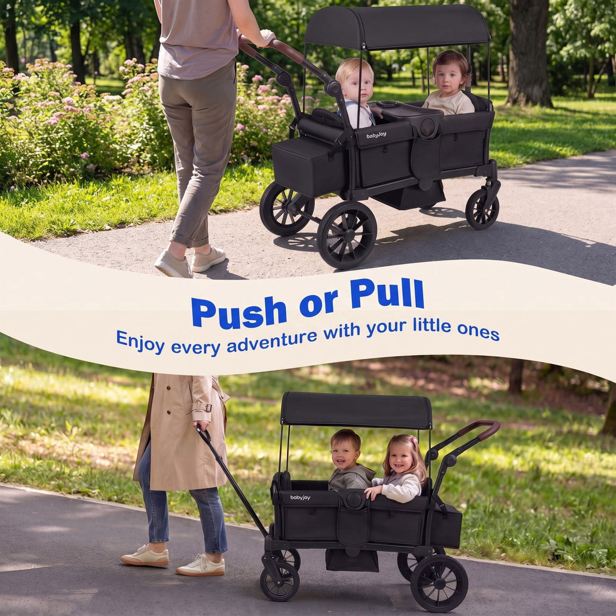 Airfind Foldable Wagon Stroller for 2 Kids Double Seater Toddler Stroller with Removable Canopy, 55 lbs Capacity, for 6-36 Months Old, Black