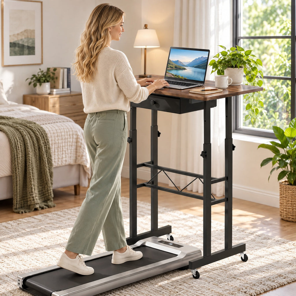 Airfind Height Adjustable Laptop Desk with Fabric Drawer Tablet Holder and Lockable Wheels, 45 lbs Capacity, 31.5 x 20 x 29-45.5 Footprint