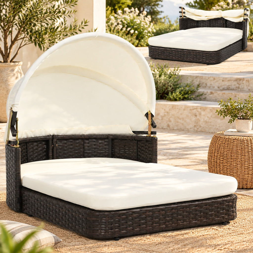 Airfind Handwoven Rattan Pet Daybed with 2 Detachable Soft Cushions for Small and Medium Dogs, 165 Lbs Capacity, PE Rattan Polyester Steel, White