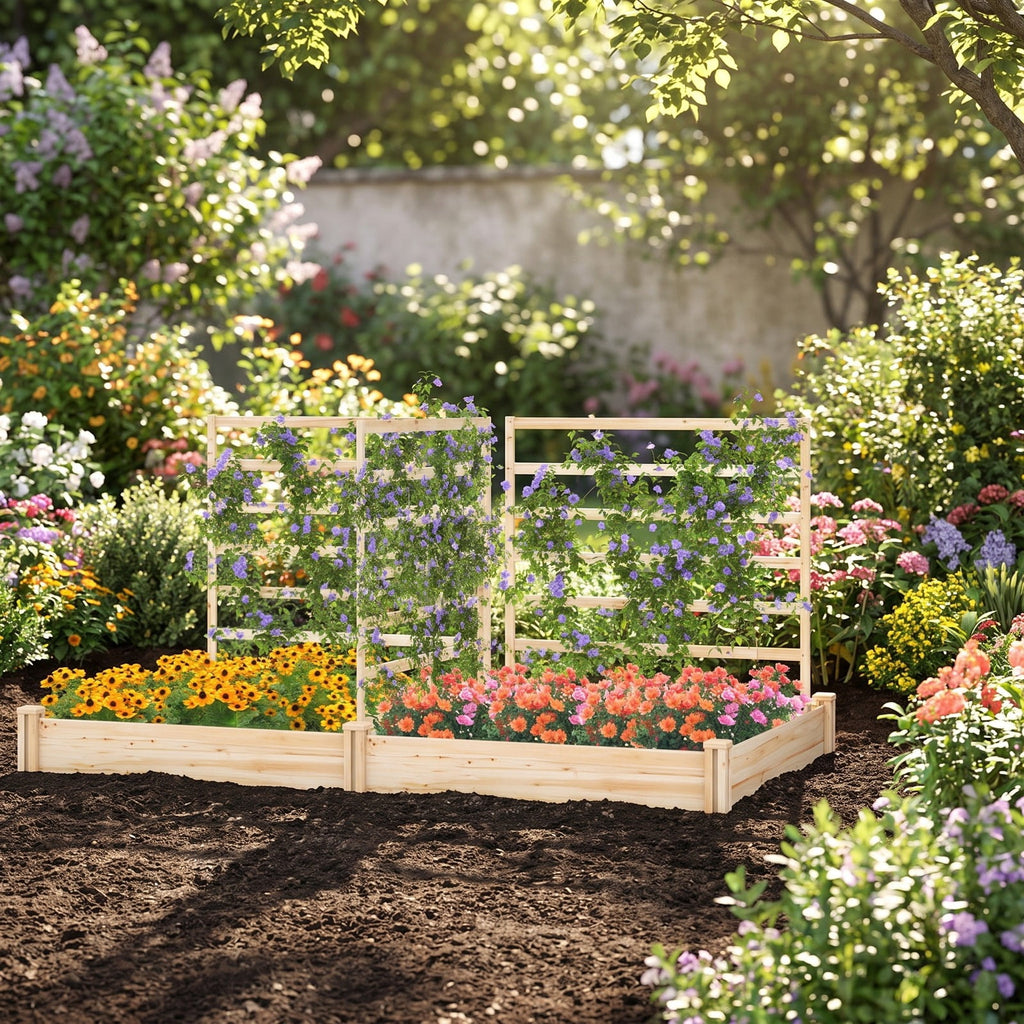 Airfind Raised Garden Bed with 2 Planter Boxes and 3 Trellis, Trellis 22 lbs Capacity, Fir Wood Frame, Natural