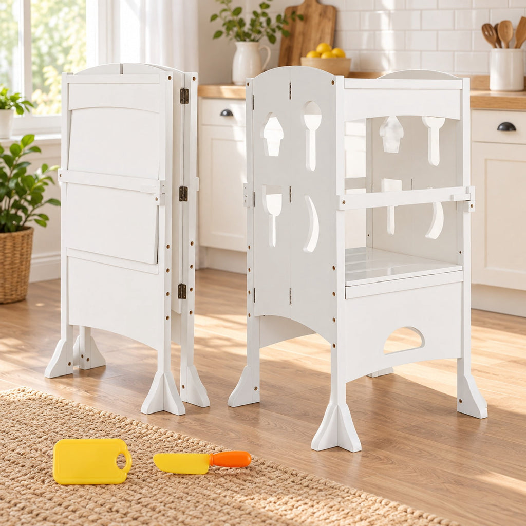 Airfind Folding Wooden Step Stool with Lockable Safety Rail for Toddler 3+, 88 lbs Capacity, Pine Wood Frame, for 3-10 Years Old, White