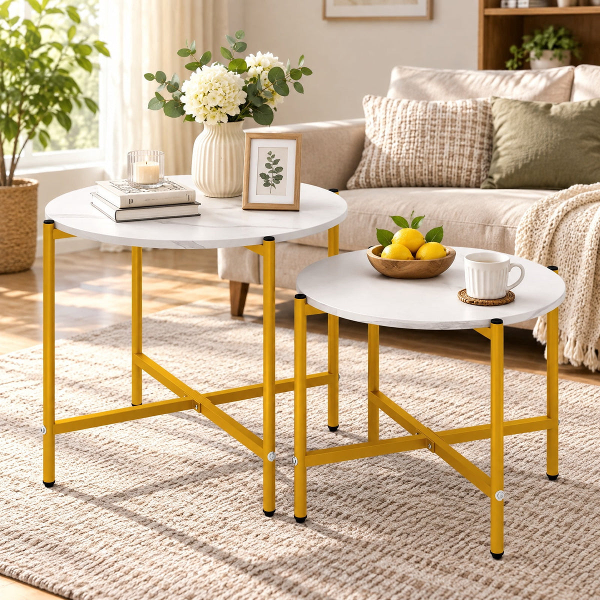 Airfind Round Coffee Table Set of 2 with Heavy-Duty Metal Frame, 200 lbs Capacity, Engineered Wood Metal Frame, 25.5 x 25.5 x 20 Footprint, White