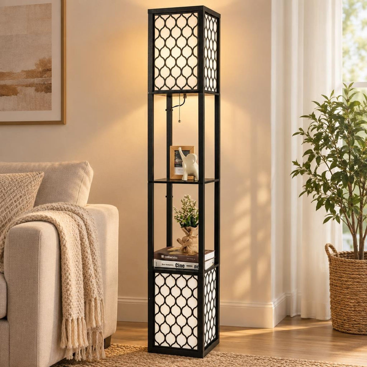 Airfind Modern Shelf Freestanding Floor Lamp with Double Lamp Pull Chain and Foot Switch, MDF Frame, 10in x 10in x 62in Footprint, Black+ White