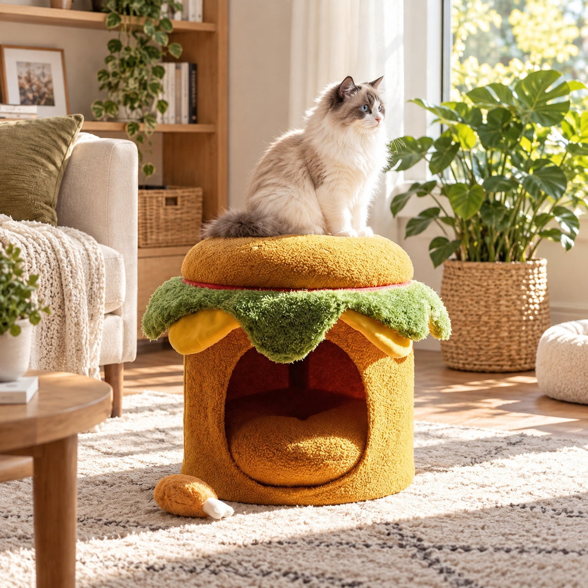 Airfind Hamburger Cat Nest with Chicken Drumstick Toy and Removable Cushion for Indoor Cats, 155 lbs Capacity, Yellow