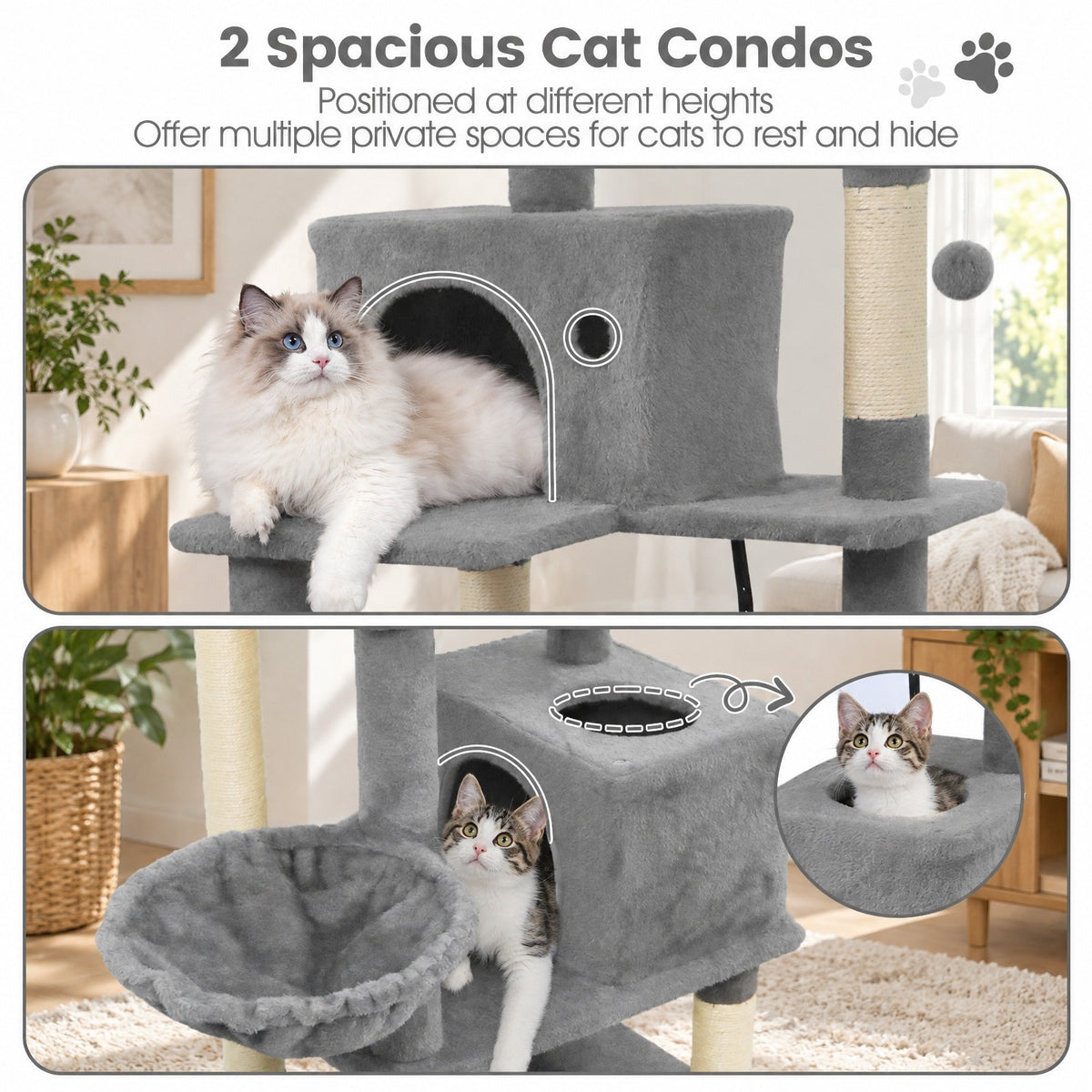 Airfind 66 Inch Tall Cat Tree Multi-Level Cat Tower with 2 Condos Sisal Scratching Posts, 33 lbs Capacity, Light Gray