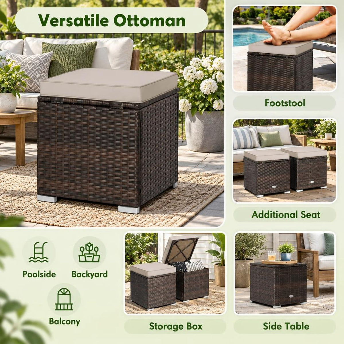 Airfind 2 Pieces Patio Ottoman with Removable Cushions, 350 lbs Capacity, Metal PE Rattan Sponge Polyester Frame, 16 x 16 x 15.5 Footprint, Brown