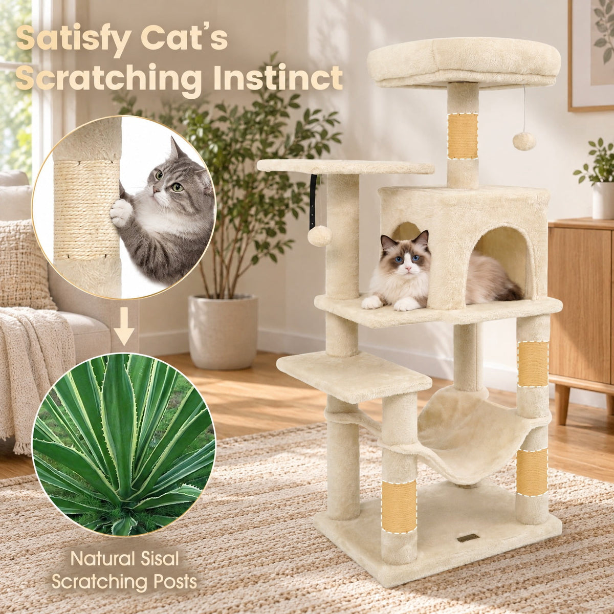 Airfind Multi-Level Cat Tower with 2-Door Condo and Padded Top Perch, PP Cotton Fabric Sisal Engineered Wood Overall Height 44 Base Frame, Beige